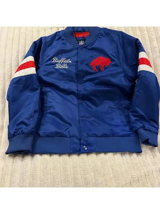 NFL Buffalo Bills Satin Bomber Jacket Boys Size 10/12 Full Snap Fan Gear Coat - Picture 1 of 5